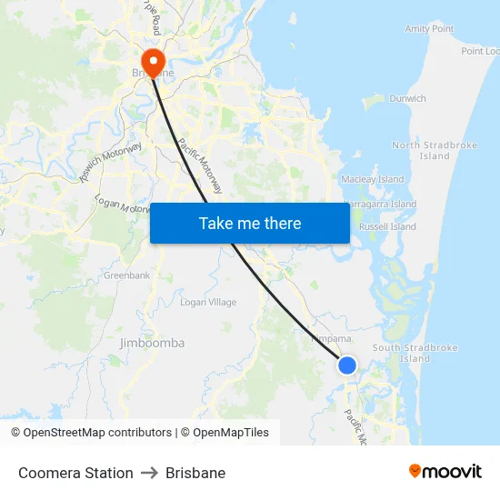 Coomera Station to Brisbane map