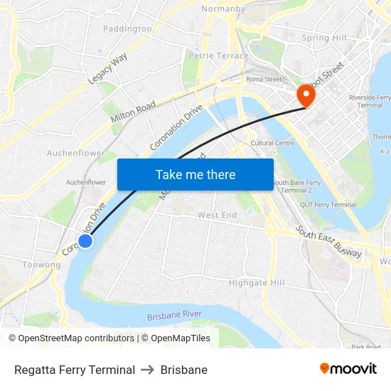 Regatta Ferry Terminal to Brisbane map