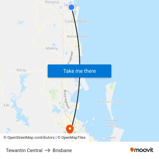 Tewantin Central to Brisbane map
