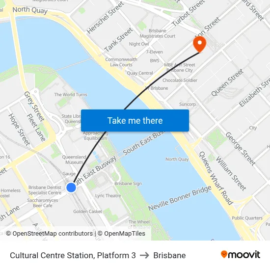 Cultural Centre Station, Platform 3 to Brisbane map