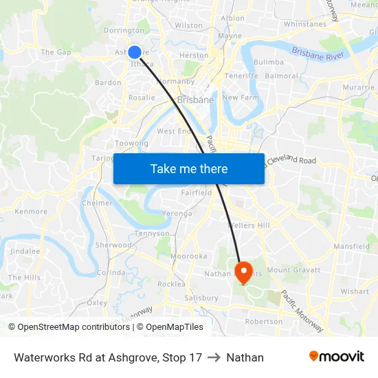 Waterworks Rd at Ashgrove, Stop 17 to Nathan map