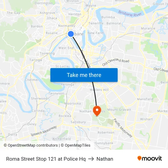 Roma Street Stop 121 at Police Hq to Nathan map