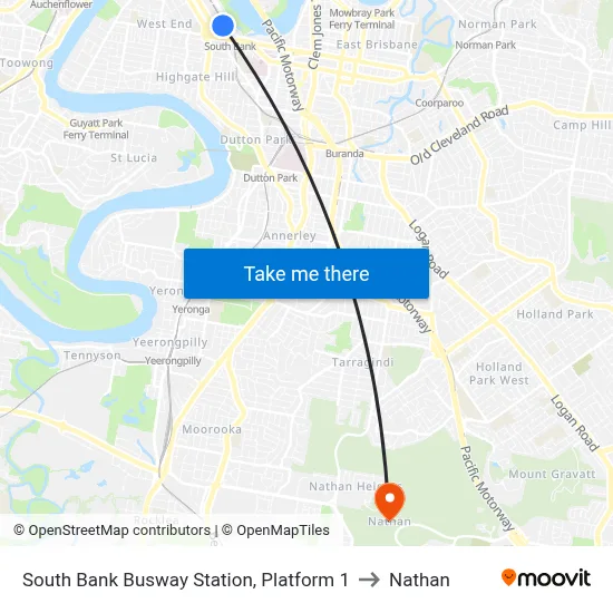 South Bank Busway Station, Platform 1 to Nathan map