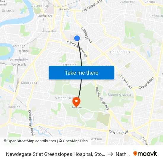Newdegate St at Greenslopes Hospital, Stop 23 to Nathan map