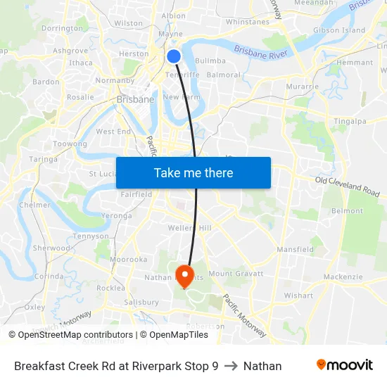 Breakfast Creek Rd at Riverpark Stop 9 to Nathan map