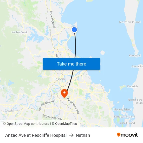 Anzac Ave at Redcliffe Hospital to Nathan map