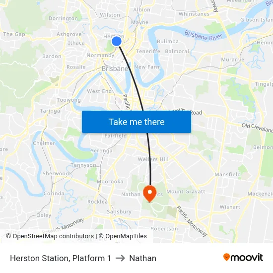 Herston Station, Platform 1 to Nathan map
