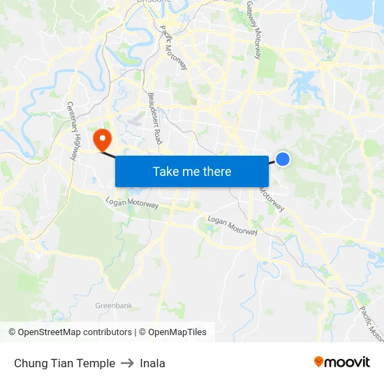 Chung Tian Temple to Inala map