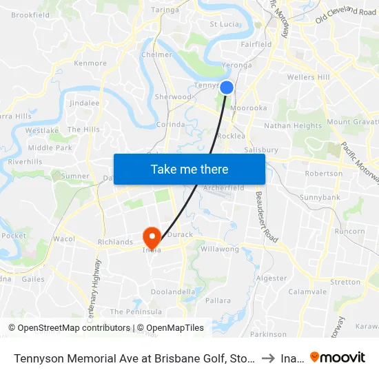 Tennyson Memorial Ave at Brisbane Golf, Stop 36 to Inala map