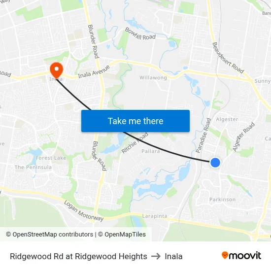 Ridgewood Rd at Ridgewood Heights to Inala map