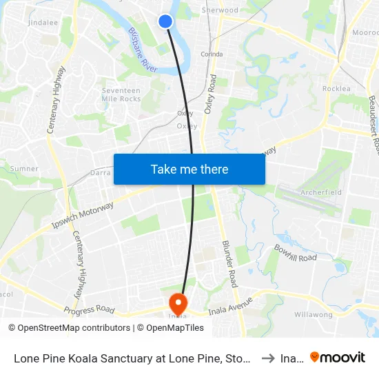 Lone Pine Koala Sanctuary at Lone Pine, Stop 42 to Inala map