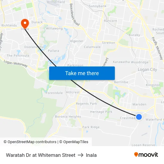 Waratah Dr at Whiteman Street to Inala map