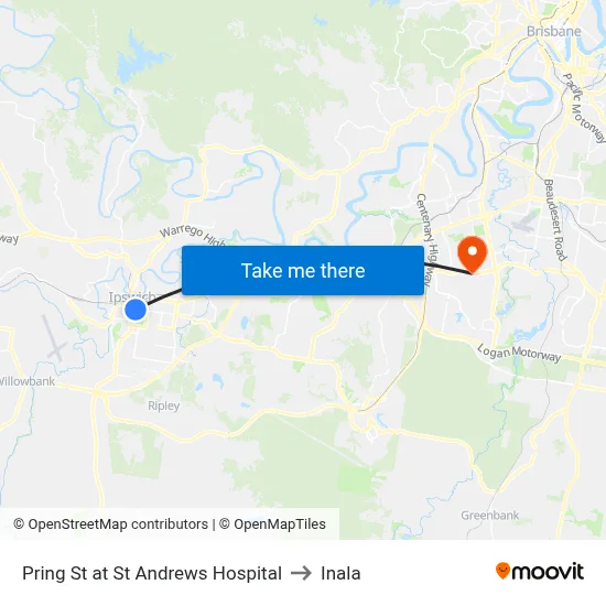 Pring St at St Andrews Hospital to Inala map