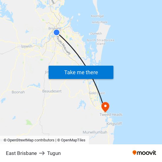 East Brisbane to Tugun map