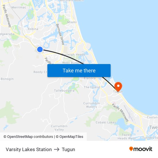 Varsity Lakes Station to Tugun map