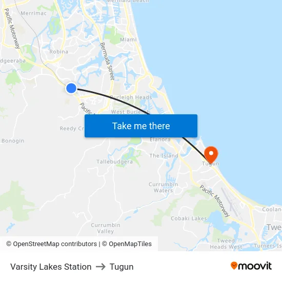 Varsity Lakes Station to Tugun map
