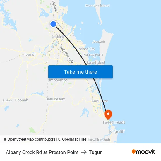 Albany Creek Rd at Preston Point to Tugun map