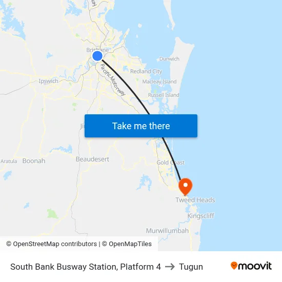 South Bank Busway Station, Platform 4 to Tugun map