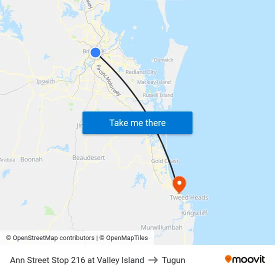 Ann Street Stop 216 at Valley Island to Tugun map