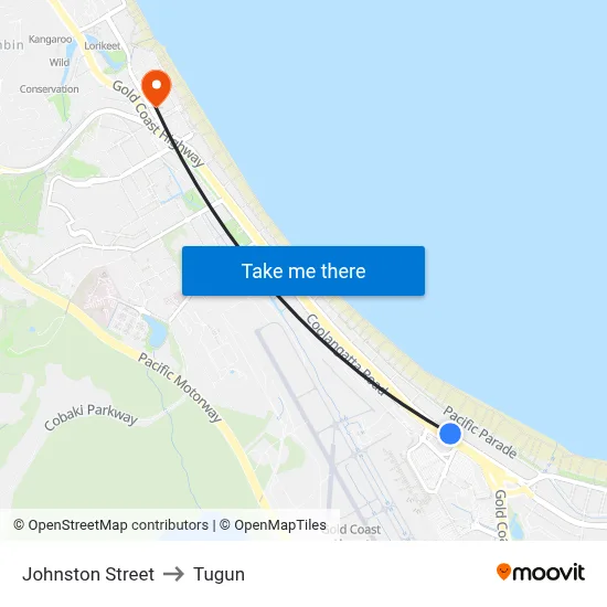 Johnston Street to Tugun map