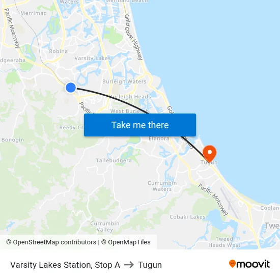 Varsity Lakes Station, Stop A to Tugun map