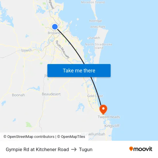 Gympie Rd at Kitchener Road to Tugun map