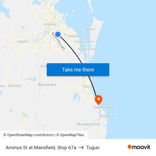 Aminya St at Mansfield, Stop 67a to Tugun map