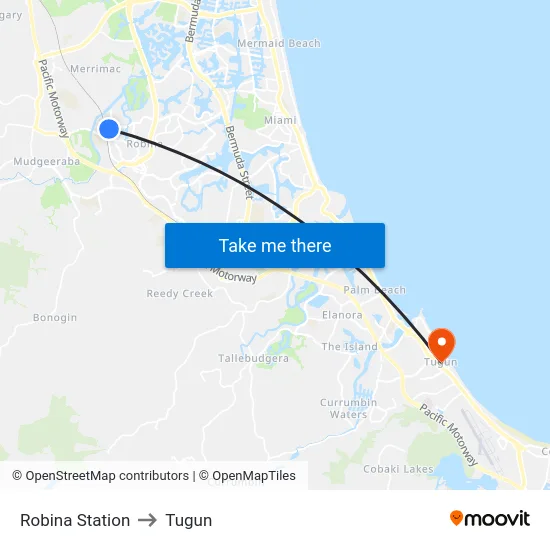 Robina Station to Tugun map