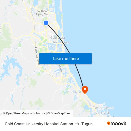 Gold Coast University Hospital Station to Tugun map