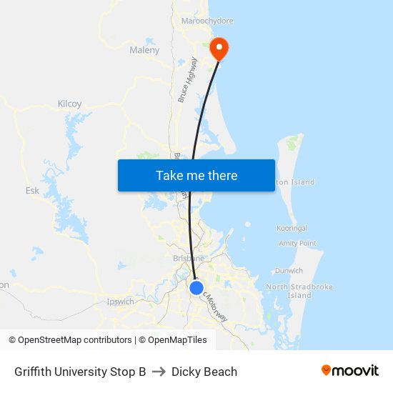 Griffith University Stop B to Dicky Beach map