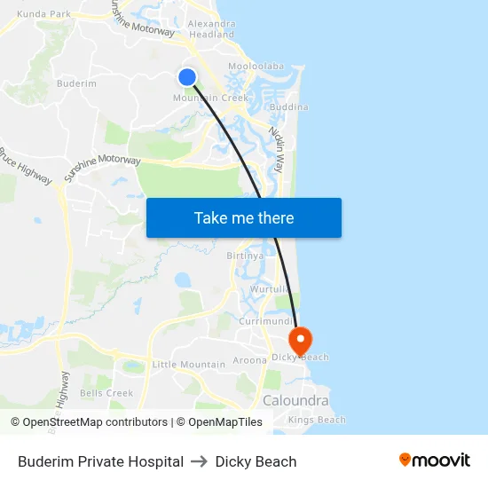 Buderim Private Hospital to Dicky Beach map
