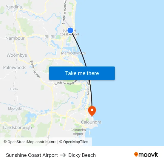 Sunshine Coast Airport to Dicky Beach map