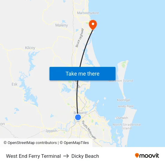 West End Ferry Terminal to Dicky Beach map