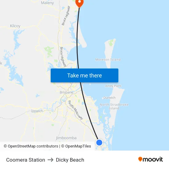 Coomera Station to Dicky Beach map