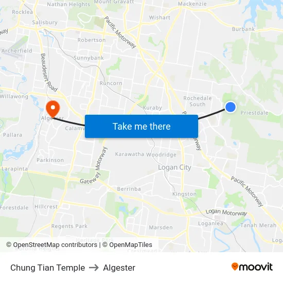 Chung Tian Temple to Algester map