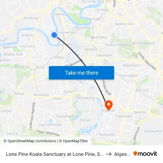 Lone Pine Koala Sanctuary at Lone Pine, Stop 42 to Algester map