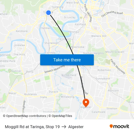 Moggill Rd at Taringa, Stop 19 to Algester map