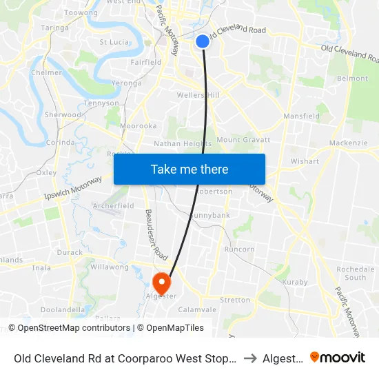 Old Cleveland Rd at Coorparoo West Stop 19 to Algester map