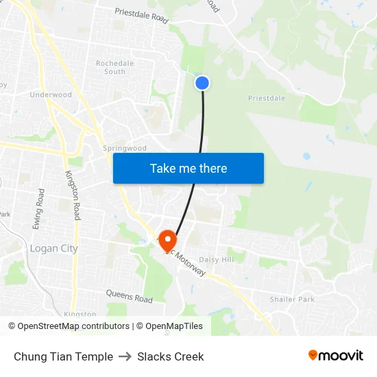 Chung Tian Temple to Slacks Creek map