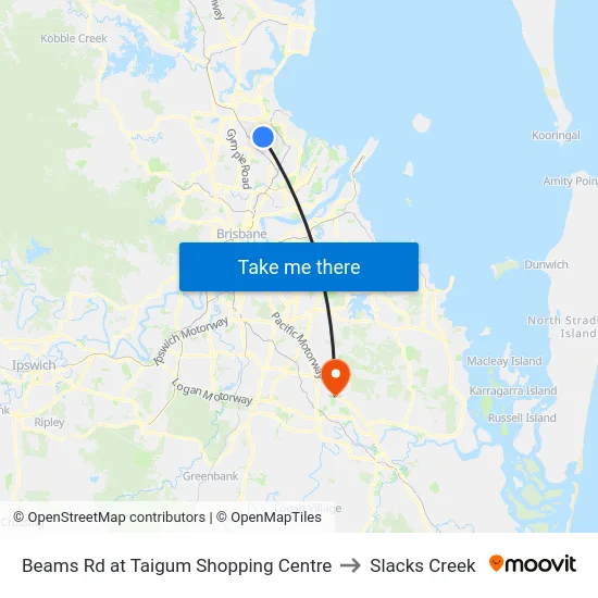 Beams Rd at Taigum Shopping Centre to Slacks Creek map