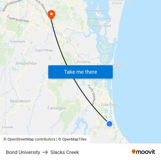 Bond University to Slacks Creek map