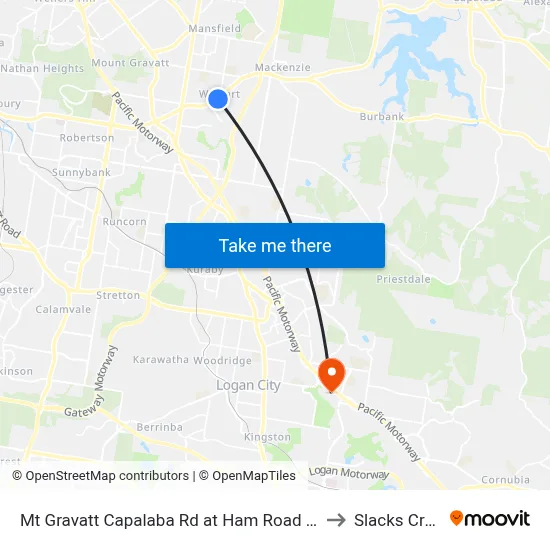 Mt Gravatt Capalaba Rd at Ham Road South to Slacks Creek map