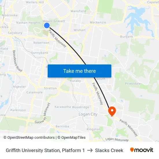 Griffith University Station, Platform 1 to Slacks Creek map