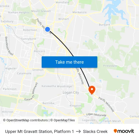 Upper Mt Gravatt Station, Platform 1 to Slacks Creek map