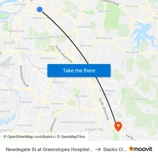 Newdegate St at Greenslopes Hospital, Stop 23 to Slacks Creek map