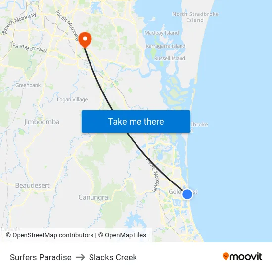 Surfers Paradise to Slacks Creek map