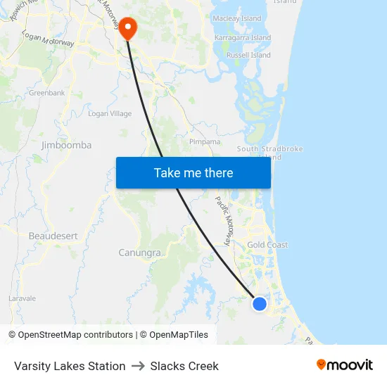 Varsity Lakes Station to Slacks Creek map