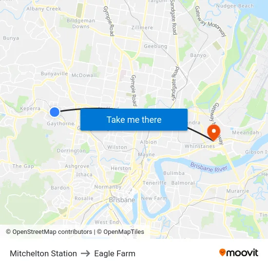 Mitchelton Station to Eagle Farm map