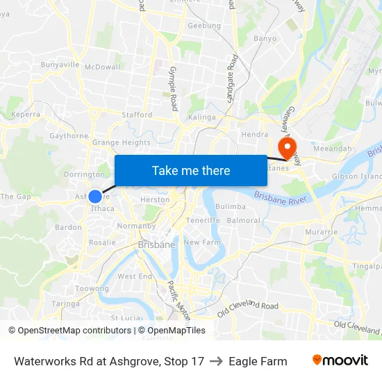 Waterworks Rd at Ashgrove, Stop 17 to Eagle Farm map