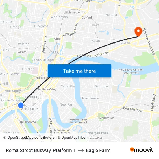 Roma Street Busway, Platform 1 to Eagle Farm map